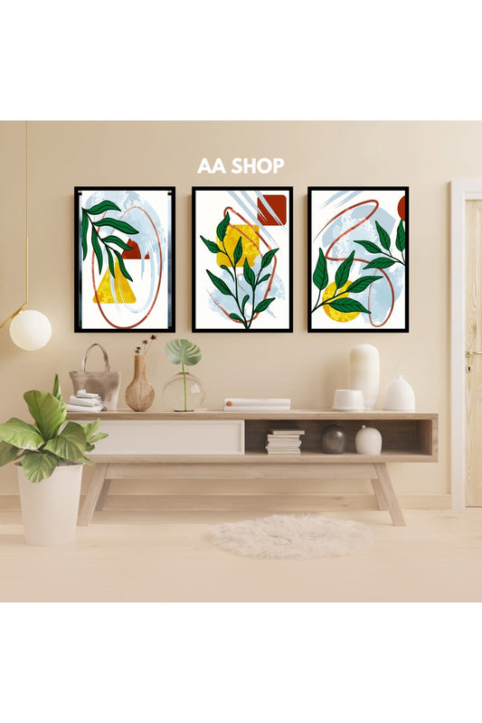 3 Parça Çiçek Yaprak Renkli Solmaz Kaliteli Baskı Çerçeve Görünümlü MDF Tablo Set 100