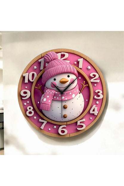 Pembe Kardan Adam Renkli Baskı Desenli Sayılı Hediyelik Ahşap Sessiz Tablo Duvar Saati