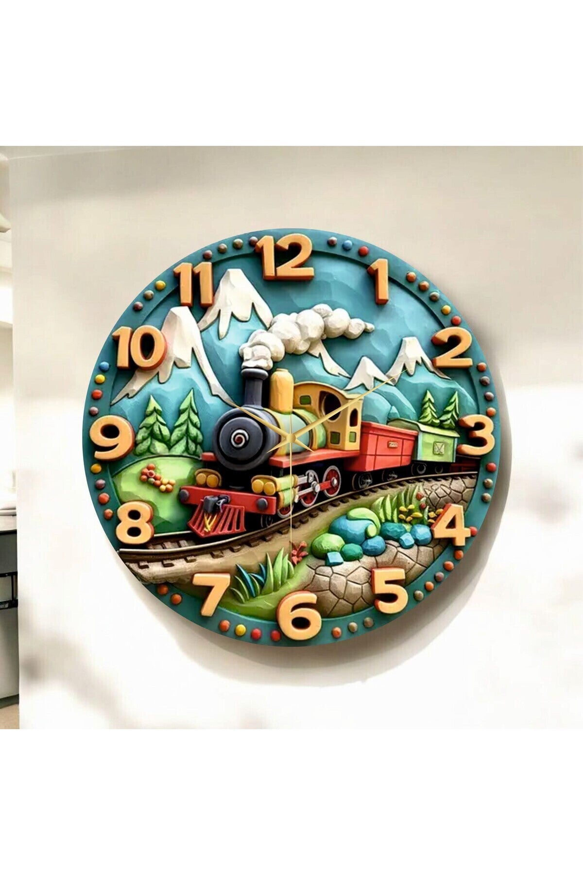 Renkli Baskı Tren Çocuk Desenli Sayılı Hediyelik Ahşap Sessiz Tablo Duvar Saati 50cm