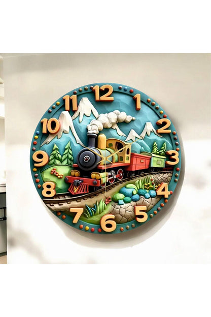 Renkli Baskı Tren Çocuk Desenli Sayılı Hediyelik Ahşap Sessiz Tablo Duvar Saati 50cm