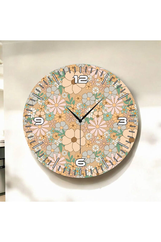 Papatya Arka Planlı Renkli Baskı Çiçek Desenli Sayılı Hediyelik Ahşap Sessiz Tablo Duvar Saati