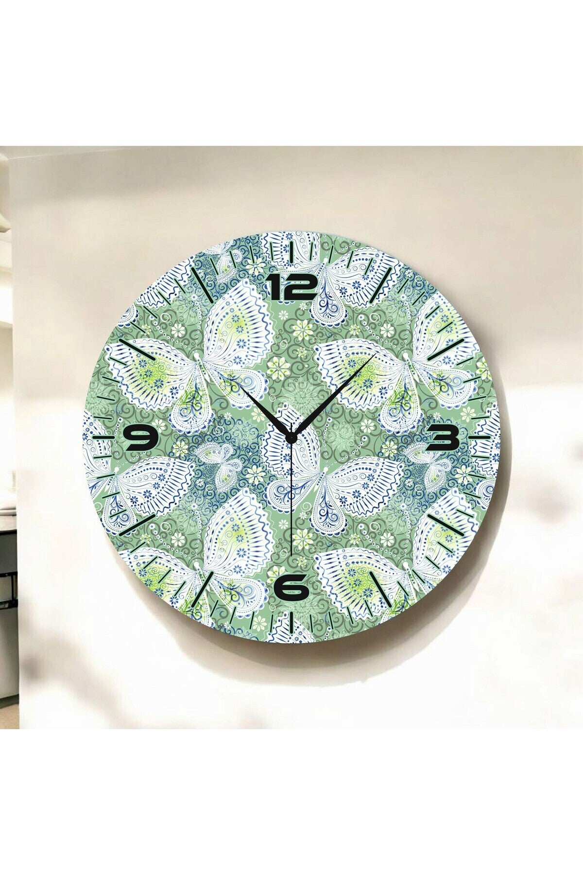 Yeşil Renkli Baskı Kelebek Desenli Sayılı Hediyelik Ahşap Sessiz Tablo Duvar Saati