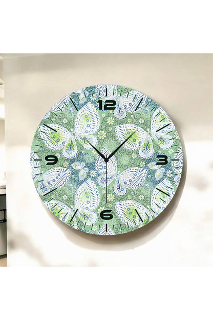 Yeşil Renkli Baskı Kelebek Desenli Sayılı Hediyelik Ahşap Sessiz Tablo Duvar Saati