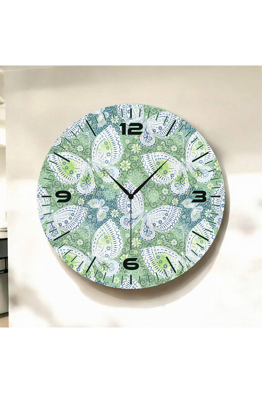 Yeşil Renkli Baskı Kelebek Desenli Sayılı Hediyelik Ahşap Sessiz Tablo Duvar Saati