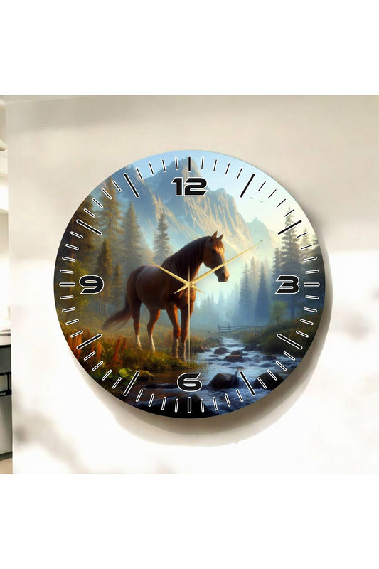 At ve Manzara Fotoğraflı Renkli Baskı Desenli Sayılı Hediyelik Ahşap Sessiz Tablo Duvar Saati