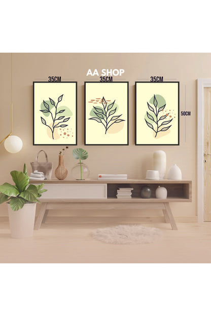 3 Parça Çiçek Yaprak Renkli Solmaz Kaliteli Baskı Çerçeve Görünümlü MDF Tablo Set 66