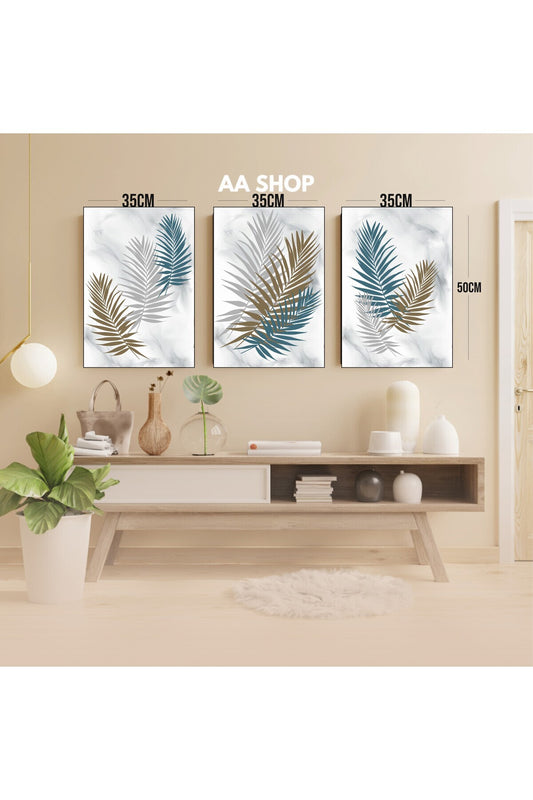 3 Parça Çiçek Yaprak Renkli Solmaz Kaliteli Baskı Çerçeve Görünümlü MDF Tablo Set 32