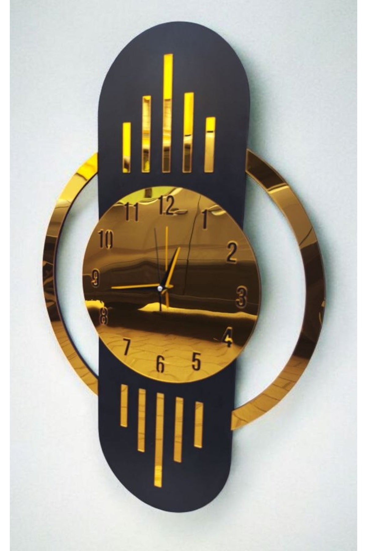 Siyah Renk Gold Altın Sayılı Hediyelik Ahşap Dekoratif Sessiz Büyük Boy Duvar Saati 70cm