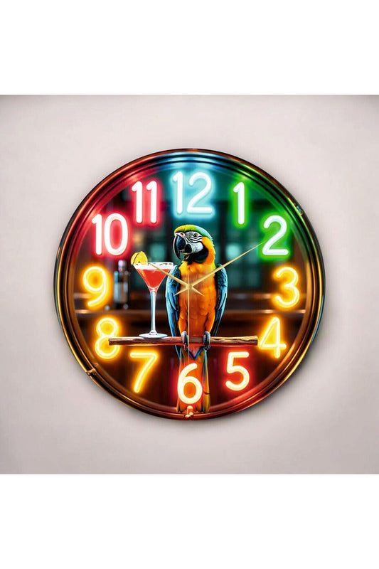 Renkli Baskı Papağan Bar Desenli Sayılı Hediyelik Ahşap Sessiz Tablo Duvar Saati 50cm