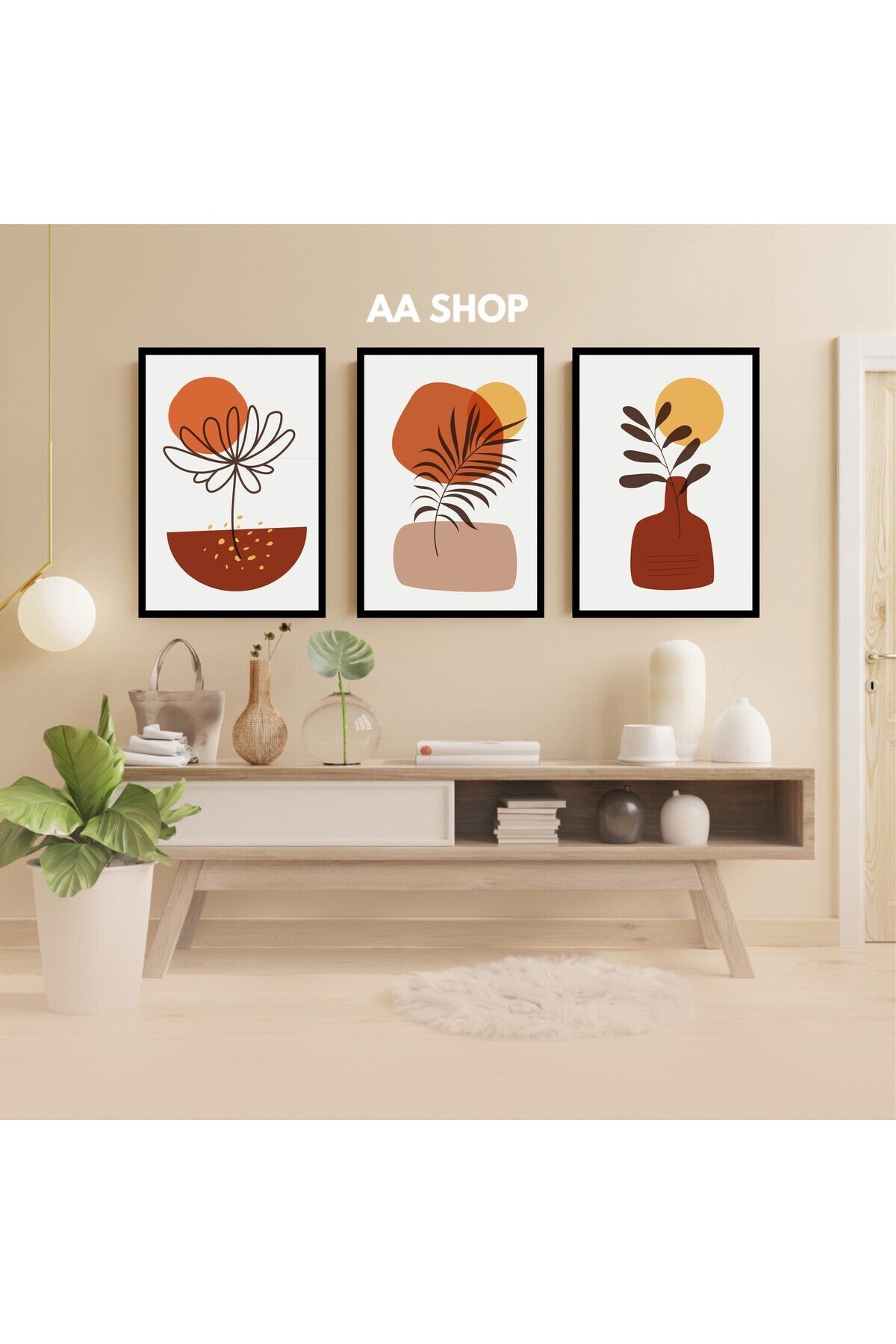 3 Parça Çiçek Yaprak Renkli Solmaz Kaliteli Baskı Çerçeve Görünümlü MDF Tablo Set 24