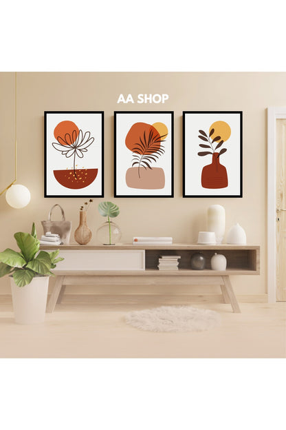 3 Parça Çiçek Yaprak Renkli Solmaz Kaliteli Baskı Çerçeve Görünümlü MDF Tablo Set 24