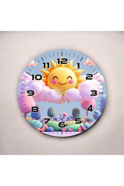 Renkli Baskı Güneş Bulut Çocuk Desenli Sayılı Hediyelik Ahşap Sessiz Tablo Duvar Saati