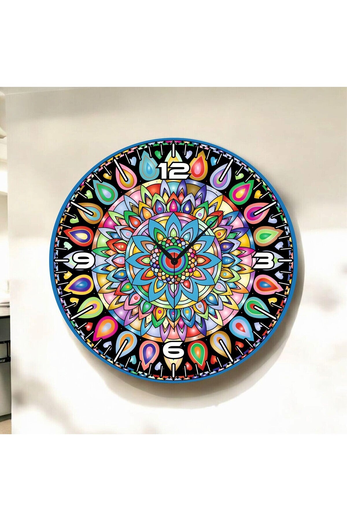 Mandala Motifli Renkli Baskı Desenli Sayılı Hediyelik Ahşap Sessiz Tablo Duvar Saati