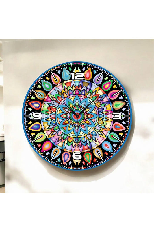 Mandala Motifli Renkli Baskı Desenli Sayılı Hediyelik Ahşap Sessiz Tablo Duvar Saati