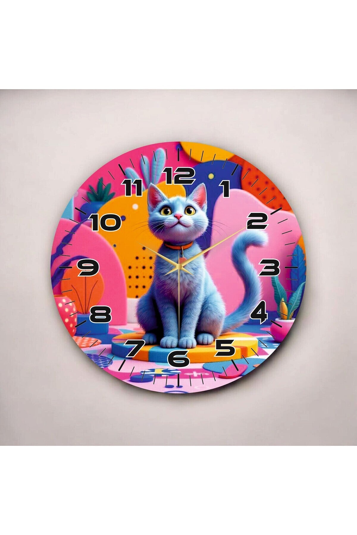 Çizgi Kedi Tasarımlı Renkli Baskı Desenli Sayılı Hediyelik Ahşap Sessiz Tablo Duvar Saati