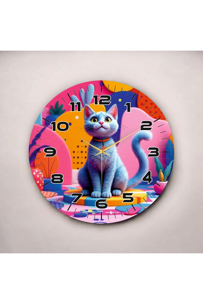 Çizgi Kedi Tasarımlı Renkli Baskı Desenli Sayılı Hediyelik Ahşap Sessiz Tablo Duvar Saati