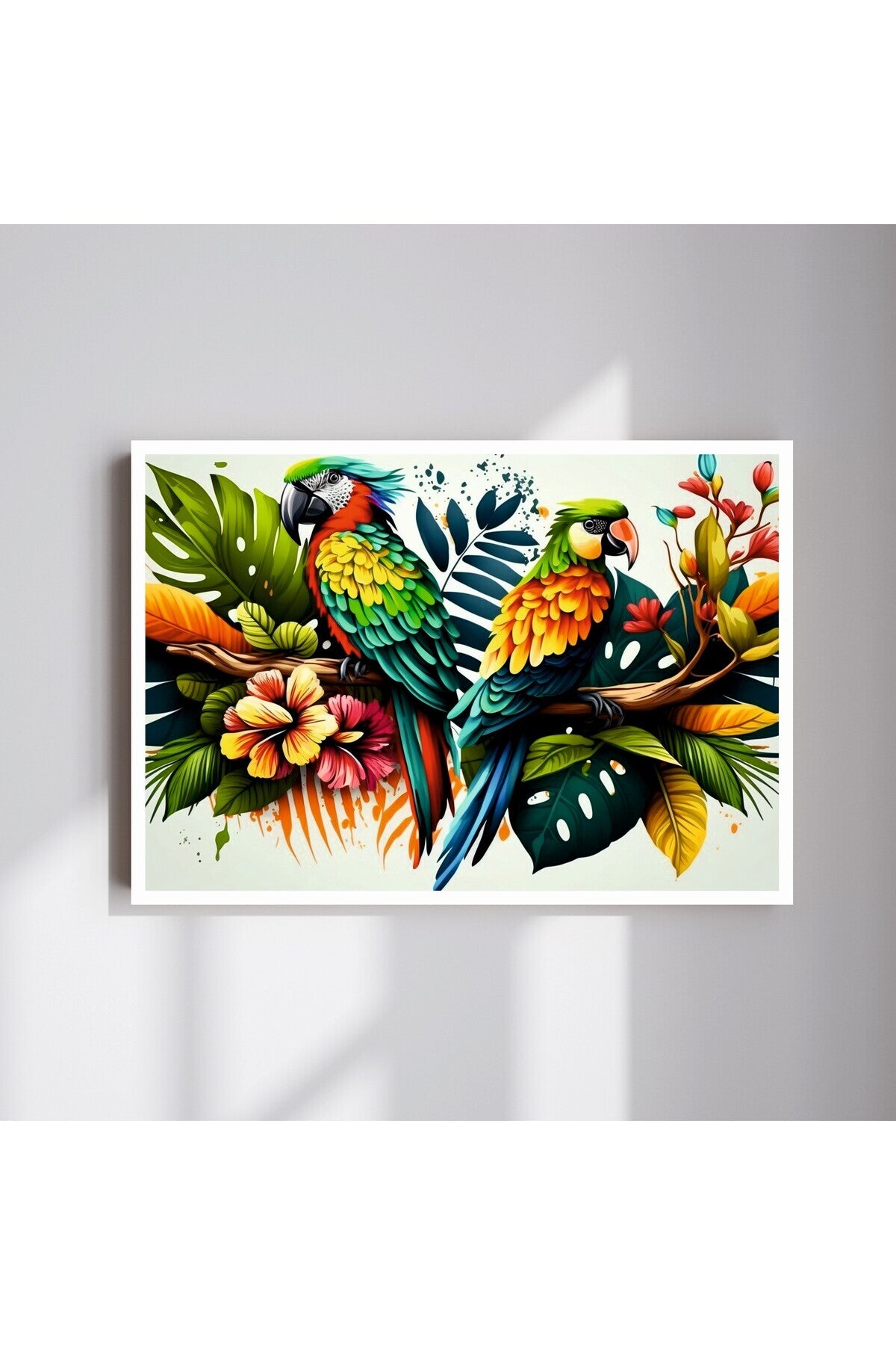 Papağan Hayvan Yaprak Büyük Boy Renkli Solmaz Kaliteli Baskı Çerçeve Görünümlü MDF Tablo 70x50cm 112