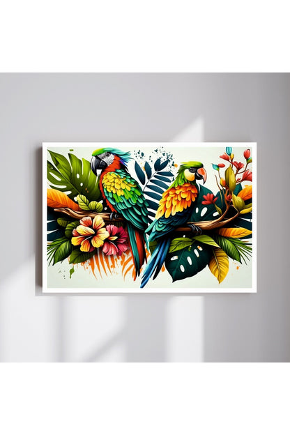 Papağan Hayvan Yaprak Büyük Boy Renkli Solmaz Kaliteli Baskı Çerçeve Görünümlü MDF Tablo 70x50cm 112
