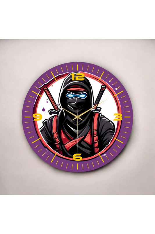Renkli Baskı Gamer Oyuncu Ninja Desenli Sayılı Hediyelik Ahşap Sessiz Tablo Duvar Saati