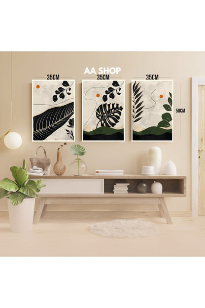 3 Parça Çiçek Yaprak Renkli Solmaz Kaliteli Baskı Çerçeve Görünümlü MDF Tablo Set 18