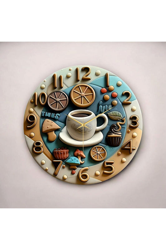 Renkli Baskı Kahve Desenli Sayılı Hediyelik Ahşap Sessiz Tablo Duvar Saati
