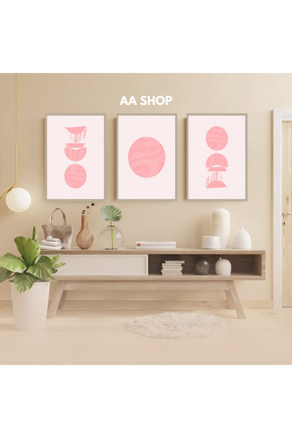 3 Parça Pembe Renkli Solmaz Kaliteli Baskı Çerçeve Görünümlü MDF Tablo Set 13