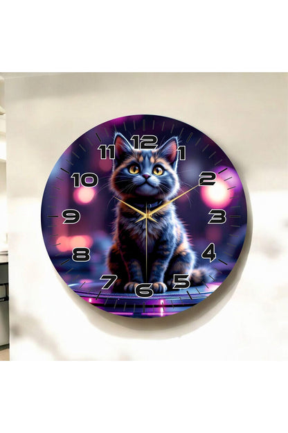 Koyu Renkli Baskı Kedi Desenli Sayılı Hediyelik Ahşap Sessiz Tablo Duvar Saati