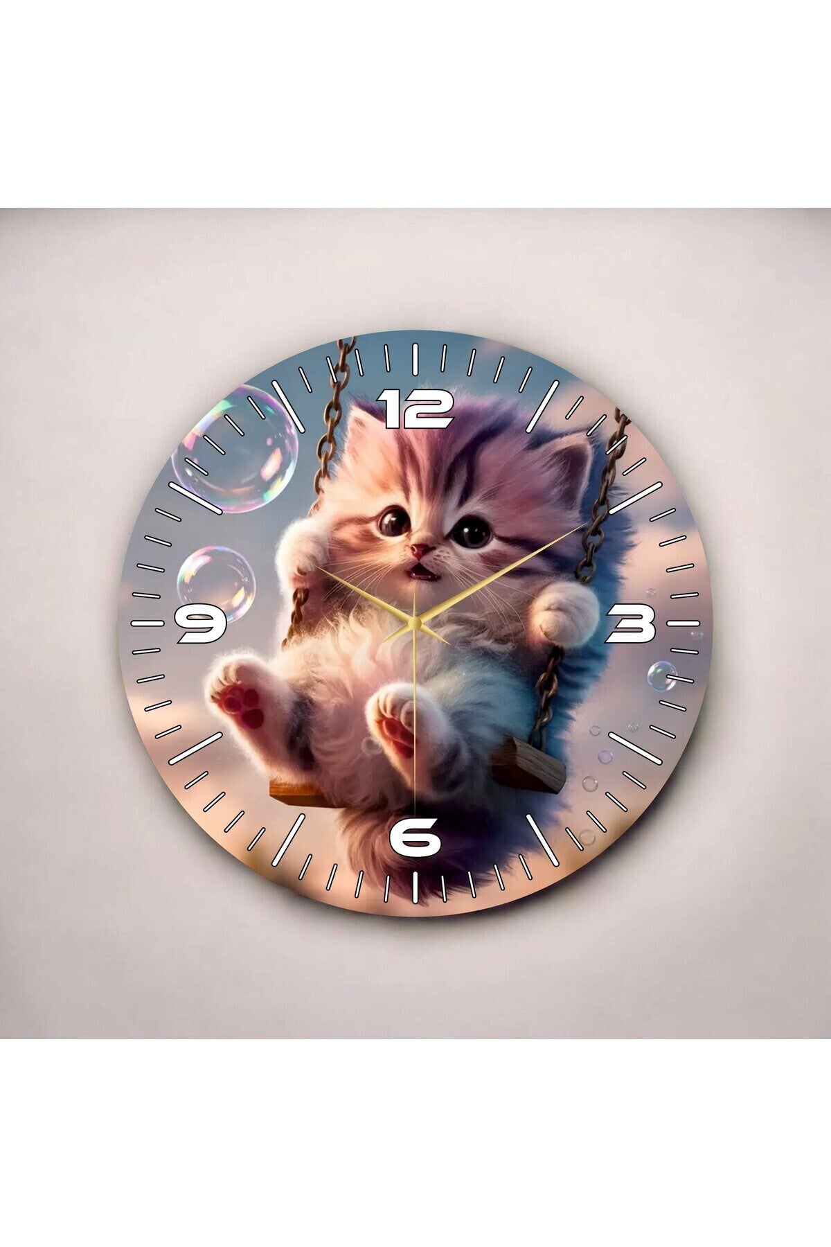 Renkli Baskı Kedi Çocuk Desenli Sayılı Hediyelik Ahşap Sessiz Tablo Duvar Saati