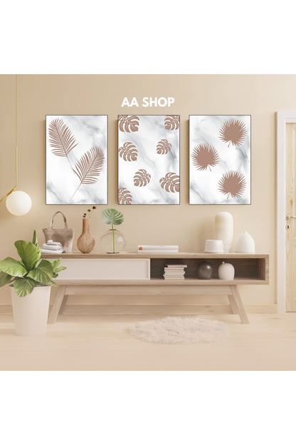 3 Parça Yaprak Renkli Solmaz Kaliteli Baskı Çerçeve Görünümlü MDF Tablo Set 31