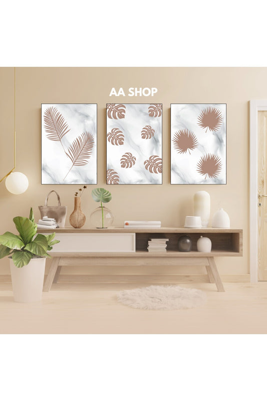 3 Parça Yaprak Renkli Solmaz Kaliteli Baskı Çerçeve Görünümlü MDF Tablo Set 31