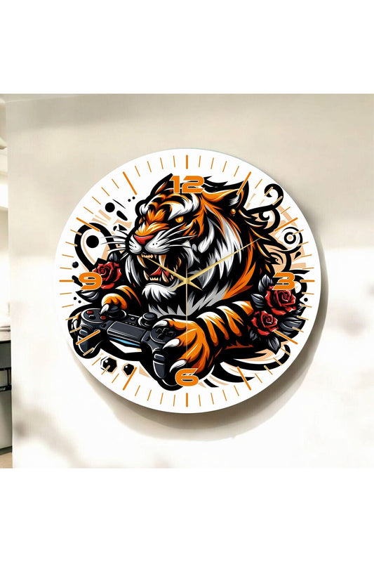 Renkli Baskı Karikatürize Gamer Kaplan Desenli Sayılı Hediyelik Ahşap Sessiz Tablo Duvar Saati