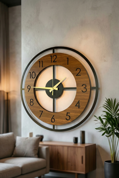 Ahşap Ceviz Mobilya Renk Desenli Hediyelik Sessiz Duvar Saati 50cm