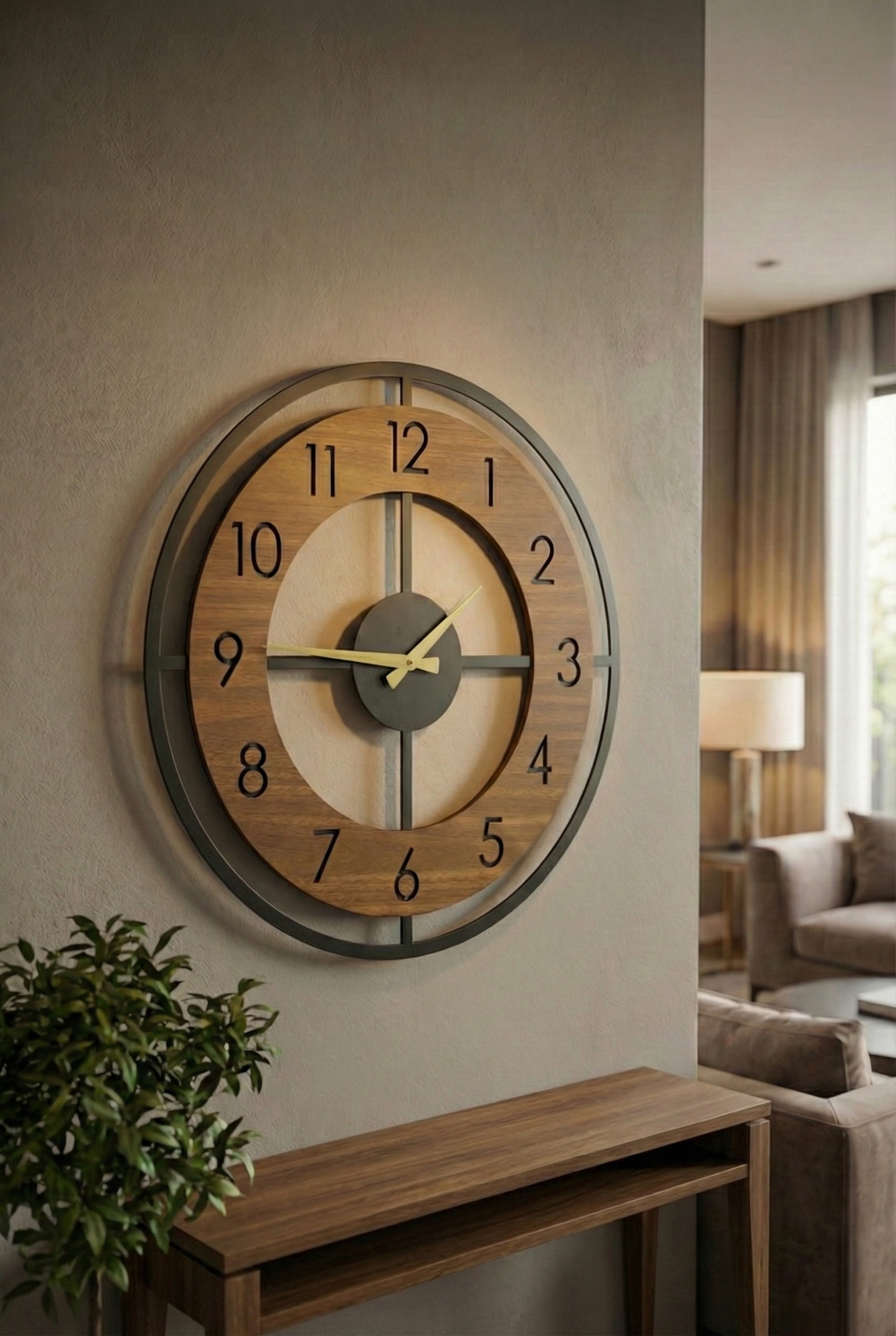 Ahşap Ceviz Mobilya Renk Desenli Hediyelik Sessiz Duvar Saati 50cm