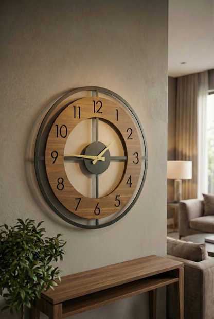 Ahşap Ceviz Mobilya Renk Desenli Hediyelik Sessiz Duvar Saati 50cm