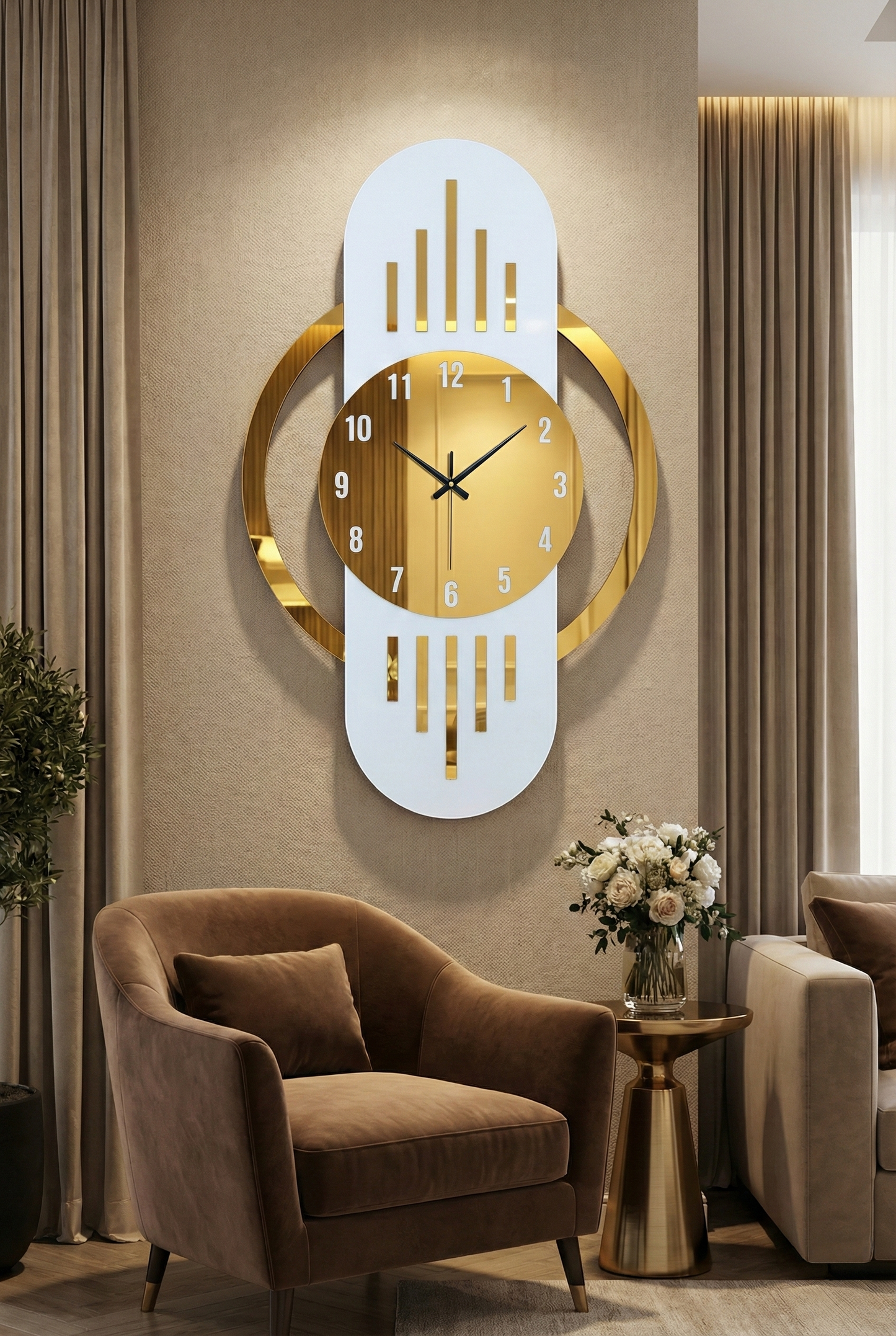 Ahşap Ceviz Mobilya Renk Desenli Hediyelik Sessiz Duvar Saati 50cm