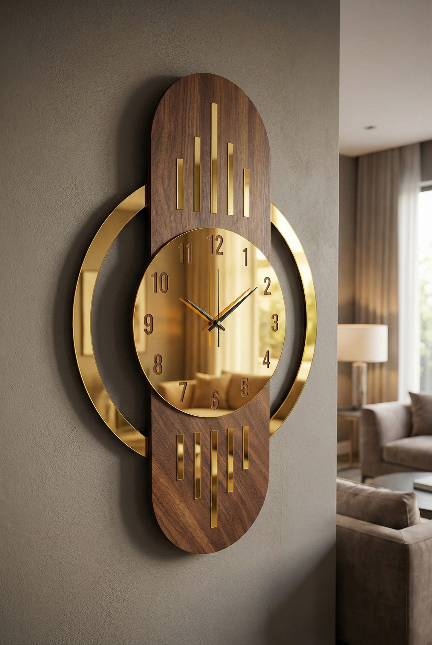 Ahşap Ceviz Mobilya Renk Desenli Hediyelik Sessiz Duvar Saati 50cm