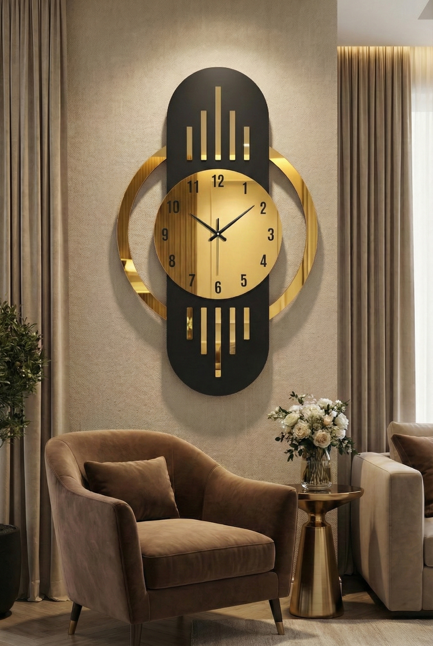 Ahşap Ceviz Mobilya Renk Desenli Hediyelik Sessiz Duvar Saati 50cm