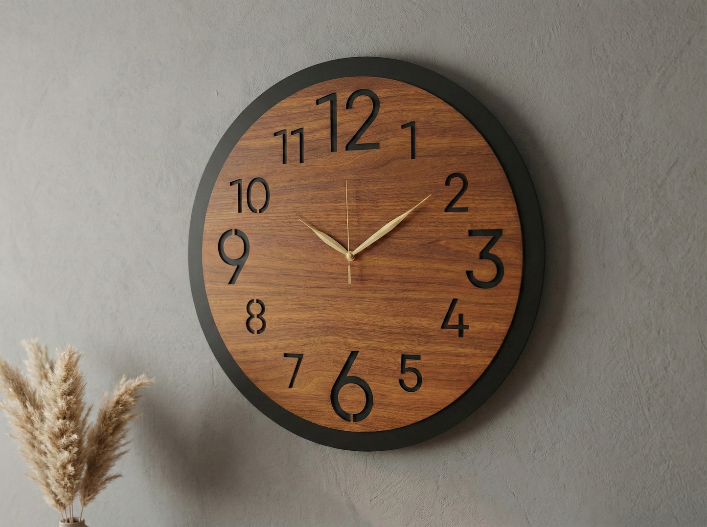 Ahşap Ceviz Mobilya Renk Desenli Hediyelik Sessiz Duvar Saati 50cm