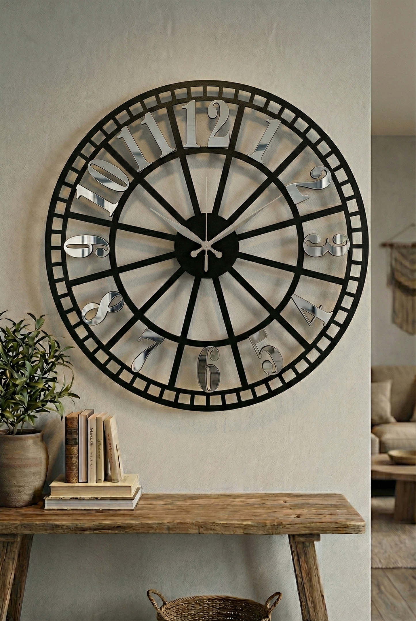 Ahşap Ceviz Mobilya Renk Desenli Hediyelik Sessiz Duvar Saati 50cm