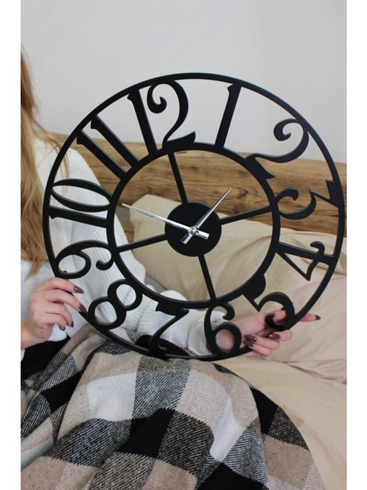 Siyah Hediyelik Ahşap Dekoratif Desenli Sayılı Duvar Saati 50cm