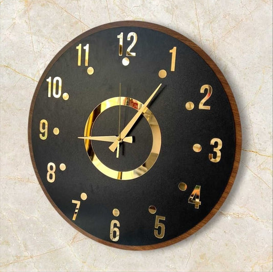 Siyah Renk Gold Gri Aynalı Sayılı Sessiz Hediyelik Ahşap Dekoratif Desenli Ev Ofis Duvar Saati 50cm