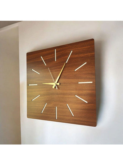 Kare Ahşap Ceviz Renk Sade Sayılı Hediyelik Sessiz Duvar Saati 50cm