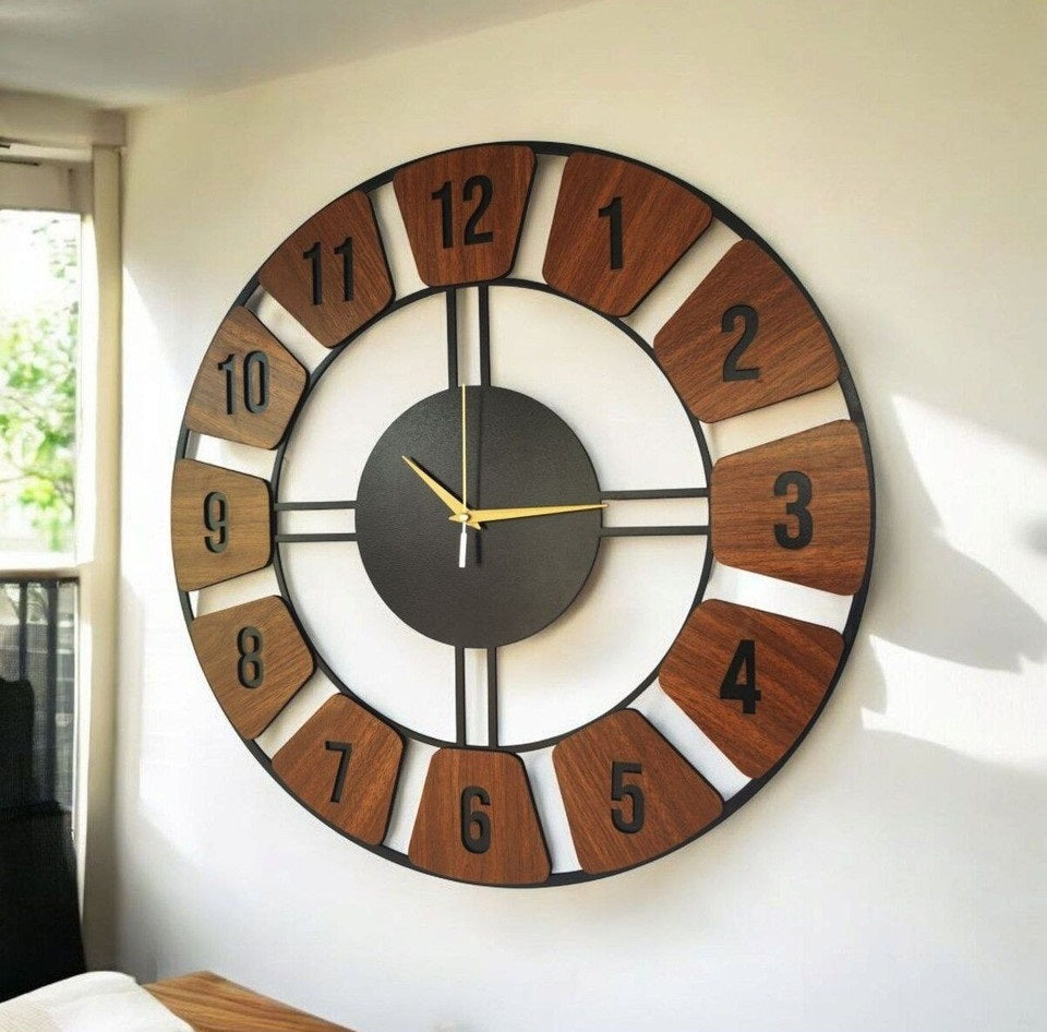 Ahşap Siyah Ceviz Renk Desenli Sayılı Hediyelik Sessiz Duvar Saati 50cm