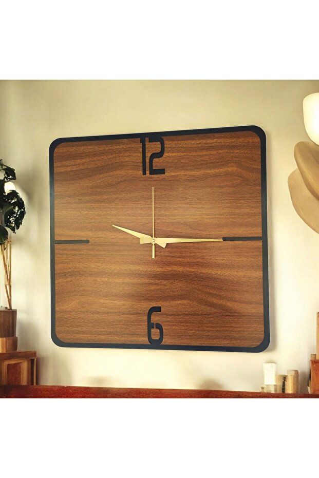 Kare Ahşap Ceviz Siyah Renk Sade Sayılı Hediyelik Sessiz Duvar Saati 50cm