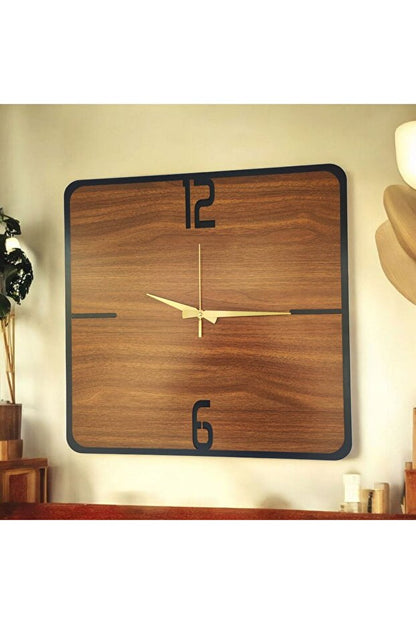 Kare Ahşap Ceviz Siyah Renk Sade Sayılı Hediyelik Sessiz Duvar Saati 50cm