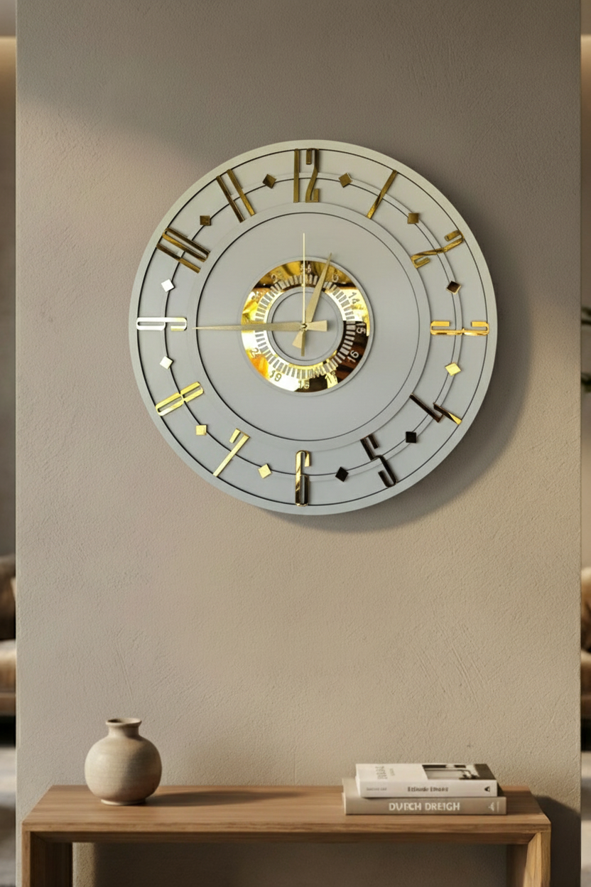 Ahşap Ceviz Mobilya Renk Desenli Hediyelik Sessiz Duvar Saati 50cm