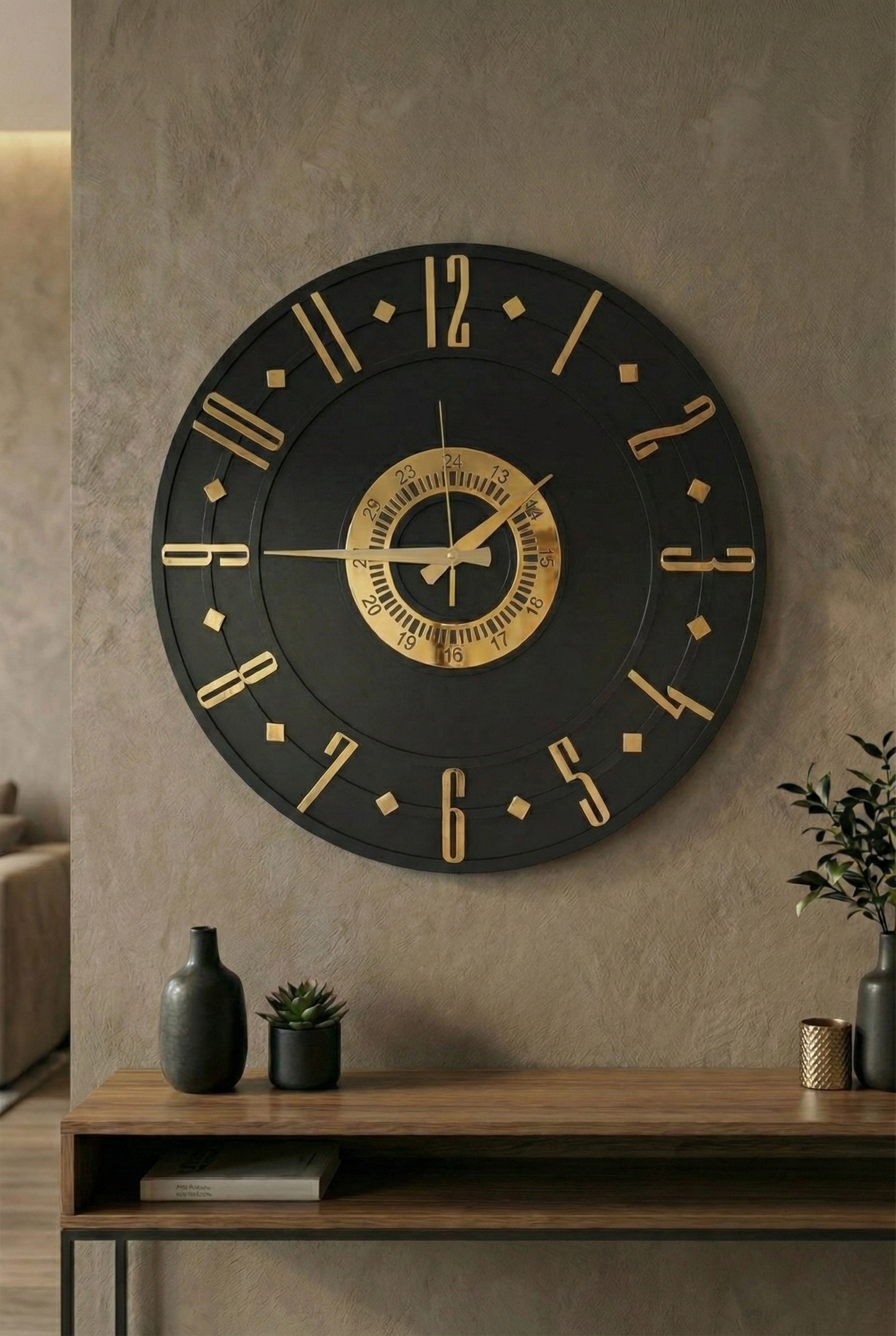 Ahşap Ceviz Mobilya Renk Desenli Hediyelik Sessiz Duvar Saati 50cm