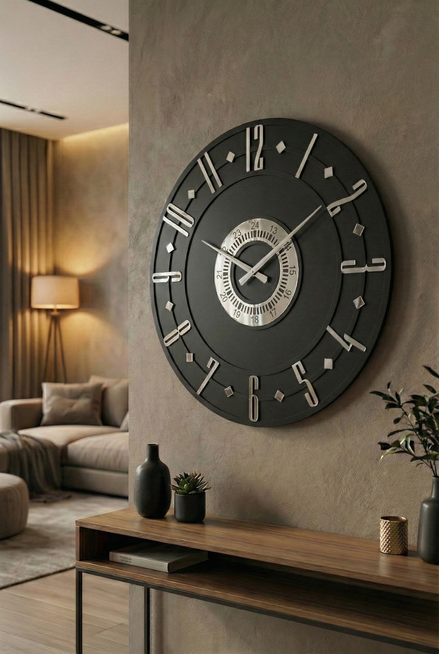 Ahşap Ceviz Mobilya Renk Desenli Hediyelik Sessiz Duvar Saati 50cm