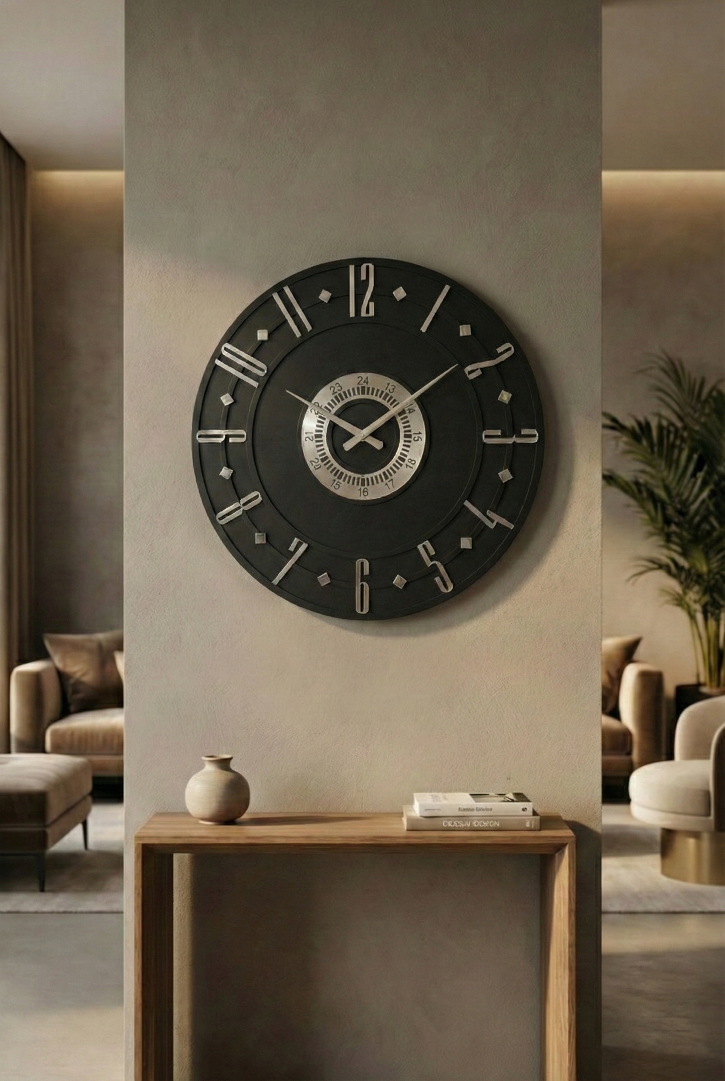 Ahşap Ceviz Mobilya Renk Desenli Hediyelik Sessiz Duvar Saati 50cm