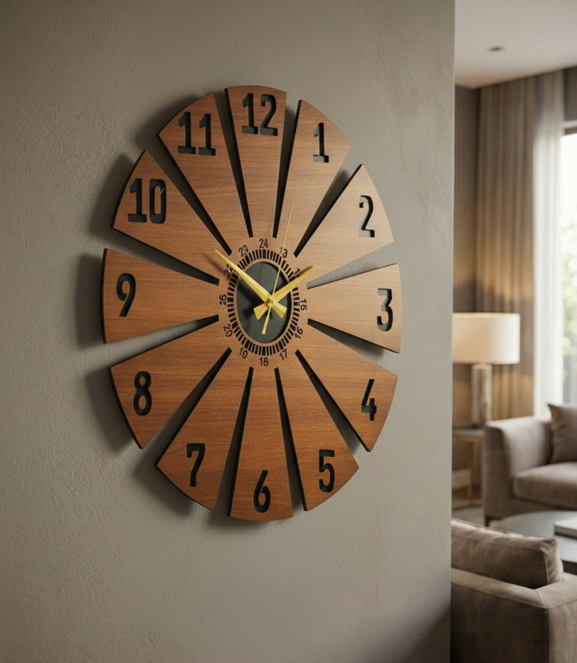 Ahşap Ceviz Mobilya Renk Desenli Hediyelik Sessiz Duvar Saati 50cm